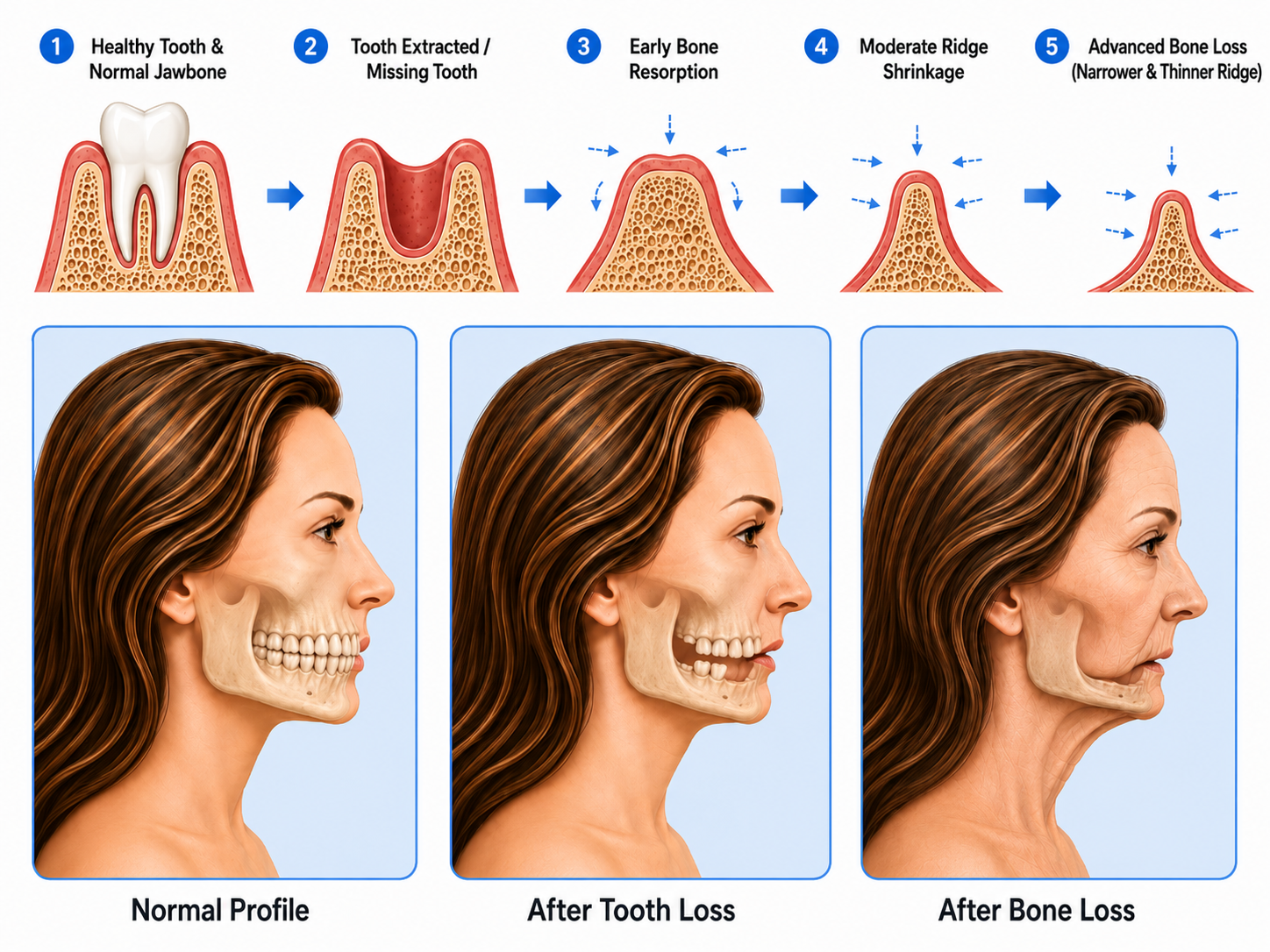 Missing teeth facial collapse showing jawbone loss, tooth loss, and bone resorption stages