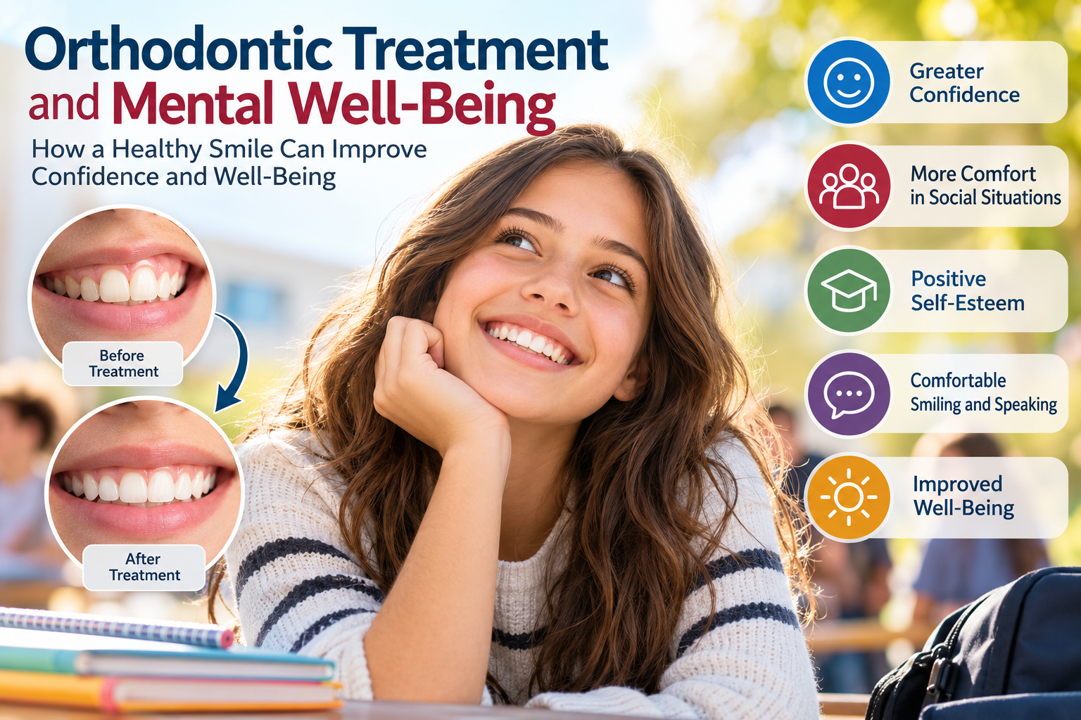 Smiling teenager with orthodontic treatment benefits showing confidence, self-esteem, social comfort, and well-being